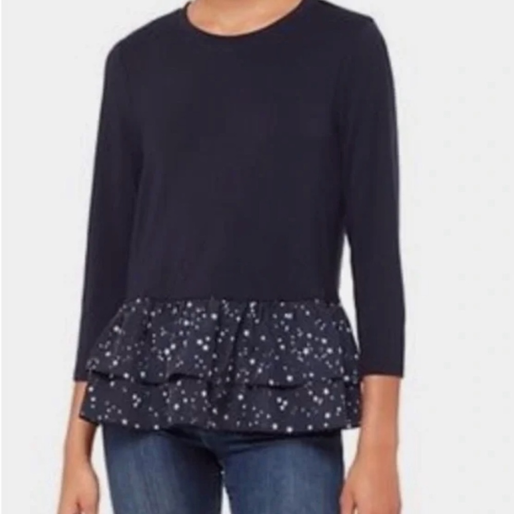 Kate Spade Broome Street Navy Blue Ruffled 3/4 Sleeve Shirt Size S EUC